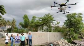 Pasangan dokter Ulfah-MHG menampilkan drone pertanian di Lojie, Desa Bojo, Kecamatan Mallusettasi, Kabupaten Barru, Jumat (1/11/2024).